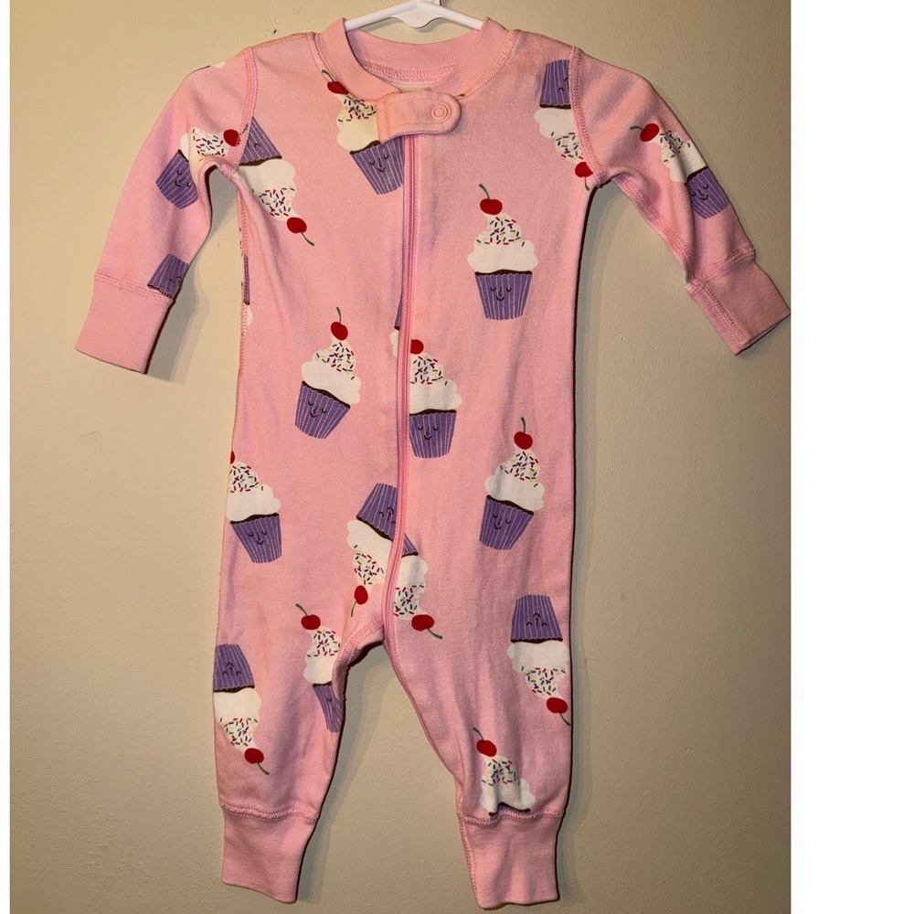 Hanna Andersson Baby Pink Cupcake Print Organic Cotton Zip Sleeper 60cm 3-6M